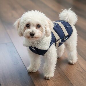 Dickens Closet dog coat denim blue tan white faux fur jacket size XS